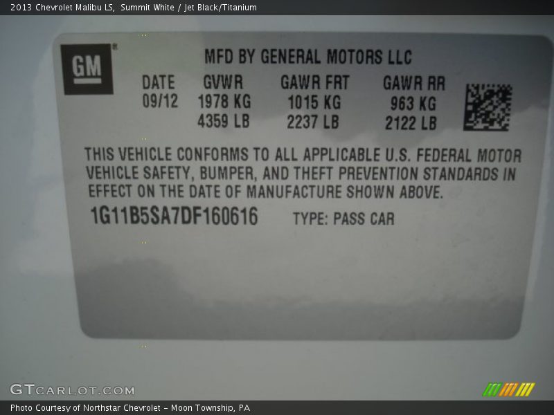 Summit White / Jet Black/Titanium 2013 Chevrolet Malibu LS