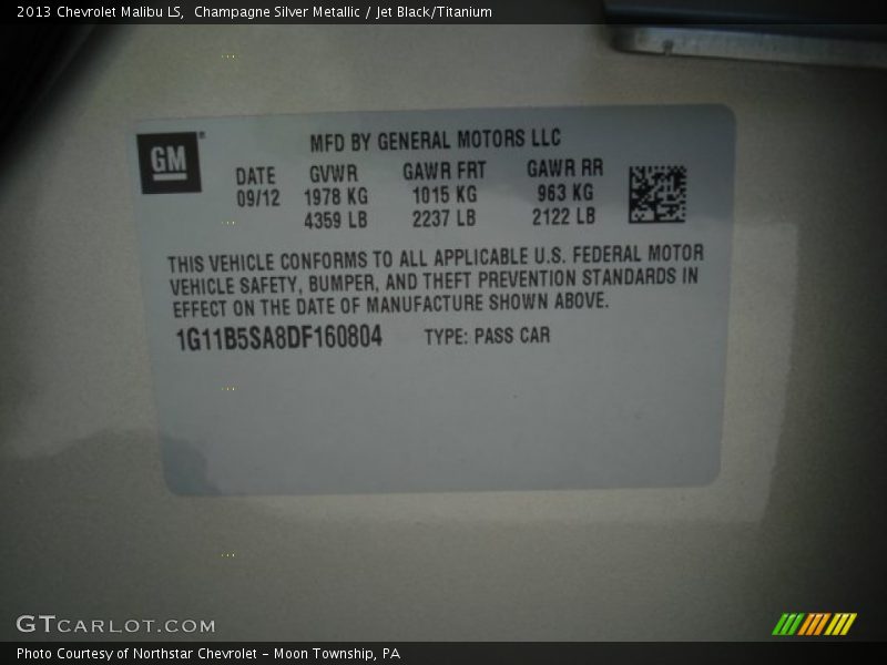 Champagne Silver Metallic / Jet Black/Titanium 2013 Chevrolet Malibu LS