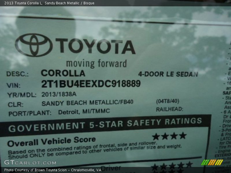  2013 Corolla L Window Sticker