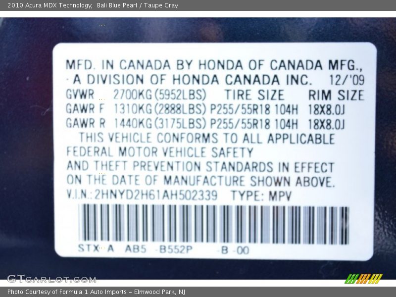 Bali Blue Pearl / Taupe Gray 2010 Acura MDX Technology