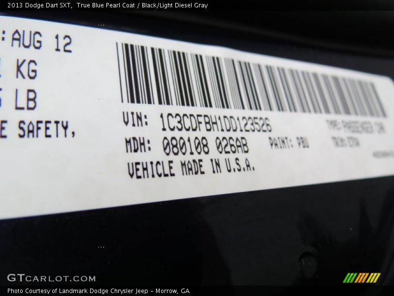 2013 Dart SXT True Blue Pearl Coat Color Code PBU