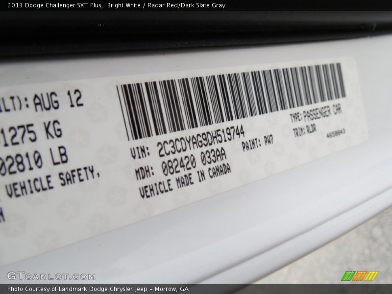 Bright White / Radar Red/Dark Slate Gray 2013 Dodge Challenger SXT Plus
