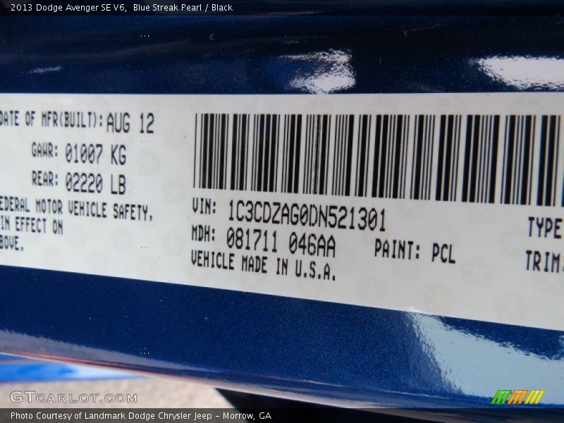 2013 Avenger SE V6 Blue Streak Pearl Color Code PCL