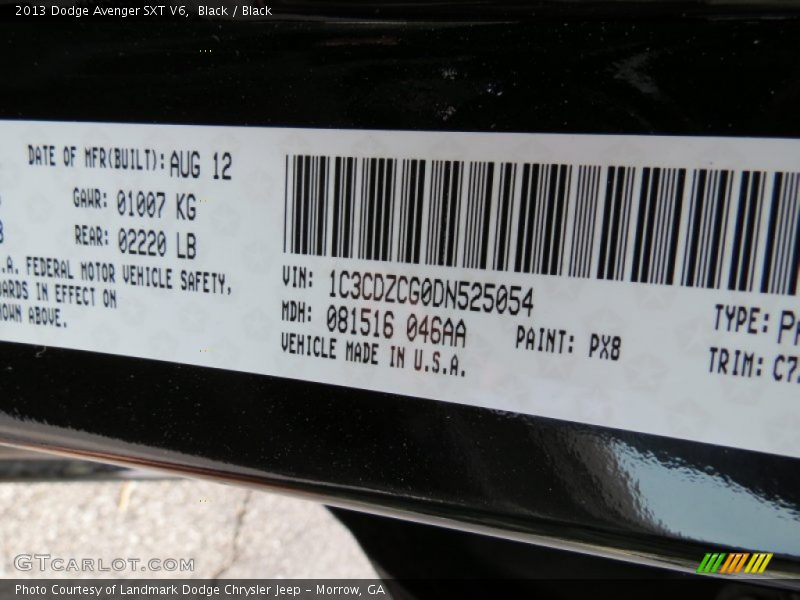 2013 Avenger SXT V6 Black Color Code PX8