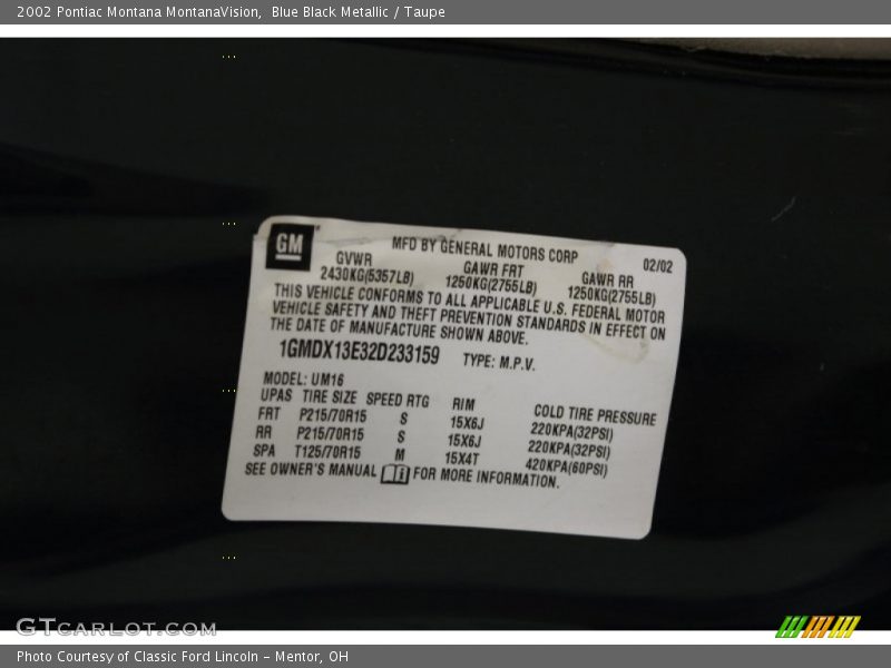 Blue Black Metallic / Taupe 2002 Pontiac Montana MontanaVision