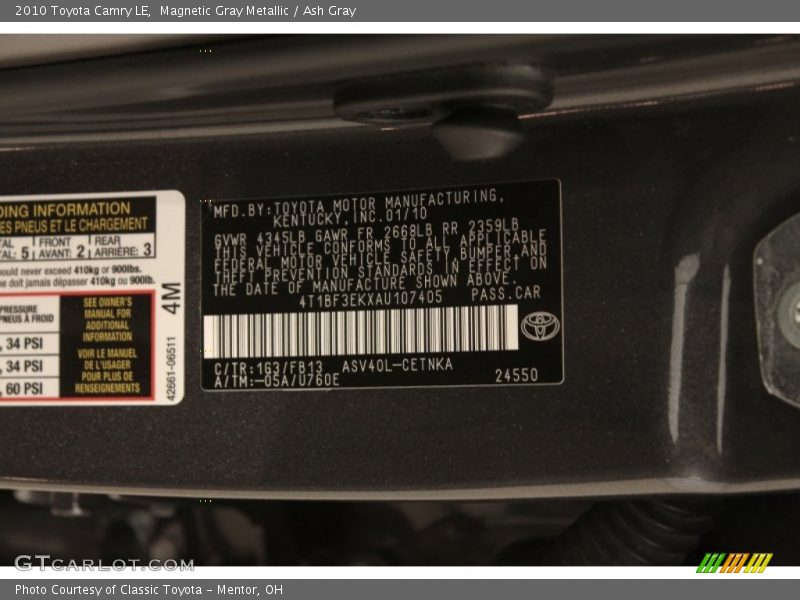 Magnetic Gray Metallic / Ash Gray 2010 Toyota Camry LE