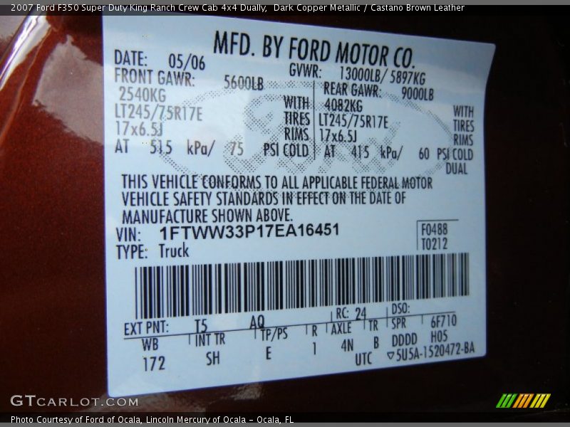 2007 F350 Super Duty King Ranch Crew Cab 4x4 Dually Dark Copper Metallic Color Code T5