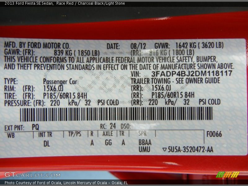 2013 Fiesta SE Sedan Race Red Color Code PQ