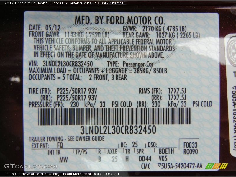 2012 MKZ Hybrid Bordeaux Reserve Metallic Color Code FQ