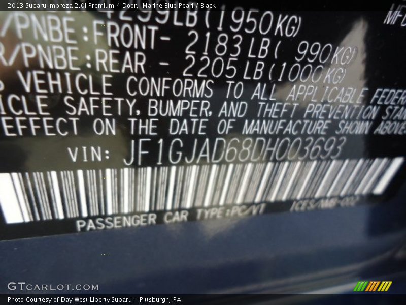 Marine Blue Pearl / Black 2013 Subaru Impreza 2.0i Premium 4 Door