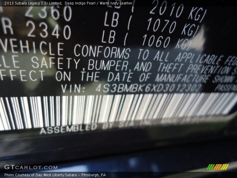 Deep Indigo Pearl / Warm Ivory Leather 2013 Subaru Legacy 2.5i Limited