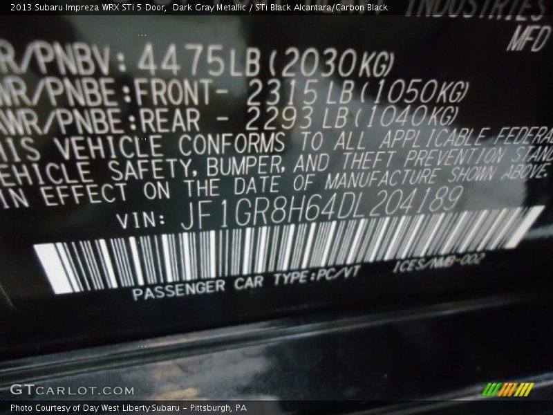 Dark Gray Metallic / STi Black Alcantara/Carbon Black 2013 Subaru Impreza WRX STi 5 Door