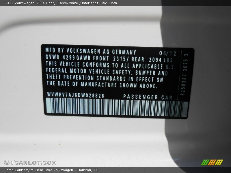Candy White / Interlagos Plaid Cloth 2013 Volkswagen GTI 4 Door