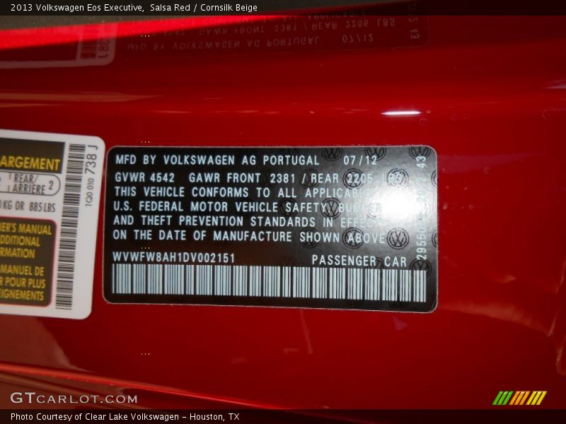 Salsa Red / Cornsilk Beige 2013 Volkswagen Eos Executive
