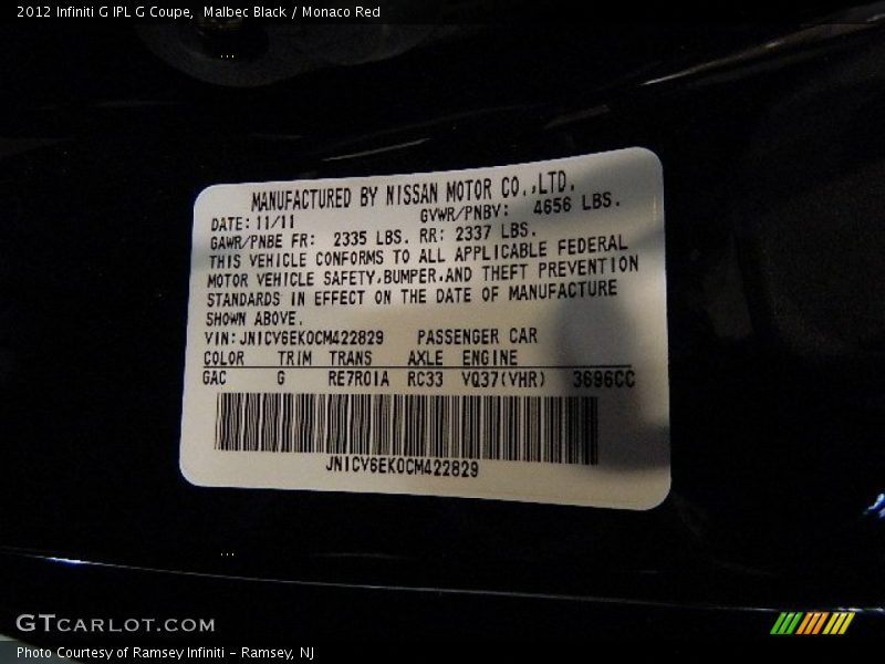 Malbec Black / Monaco Red 2012 Infiniti G IPL G Coupe