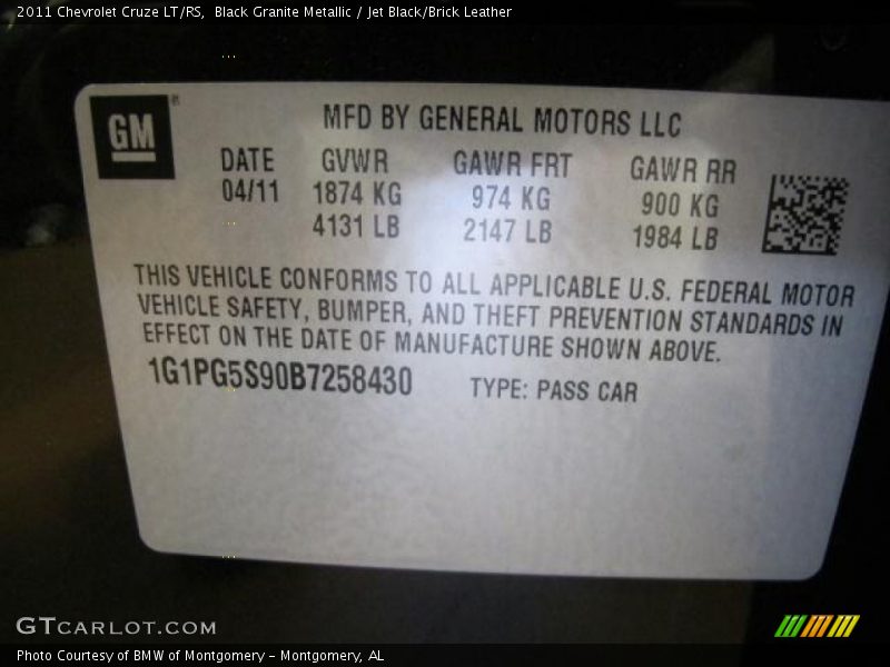 Black Granite Metallic / Jet Black/Brick Leather 2011 Chevrolet Cruze LT/RS