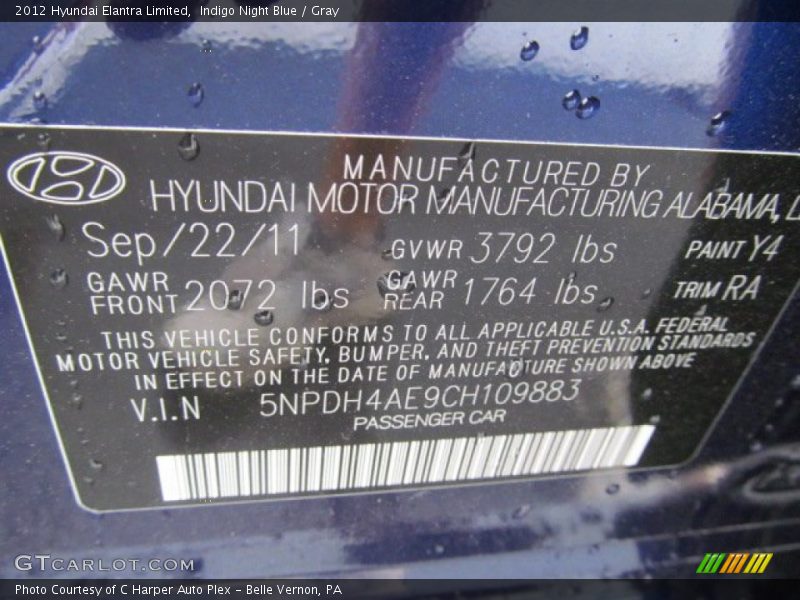 Indigo Night Blue / Gray 2012 Hyundai Elantra Limited