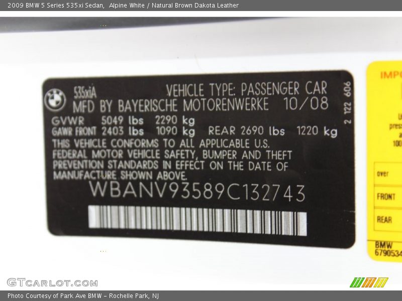 Alpine White / Natural Brown Dakota Leather 2009 BMW 5 Series 535xi Sedan