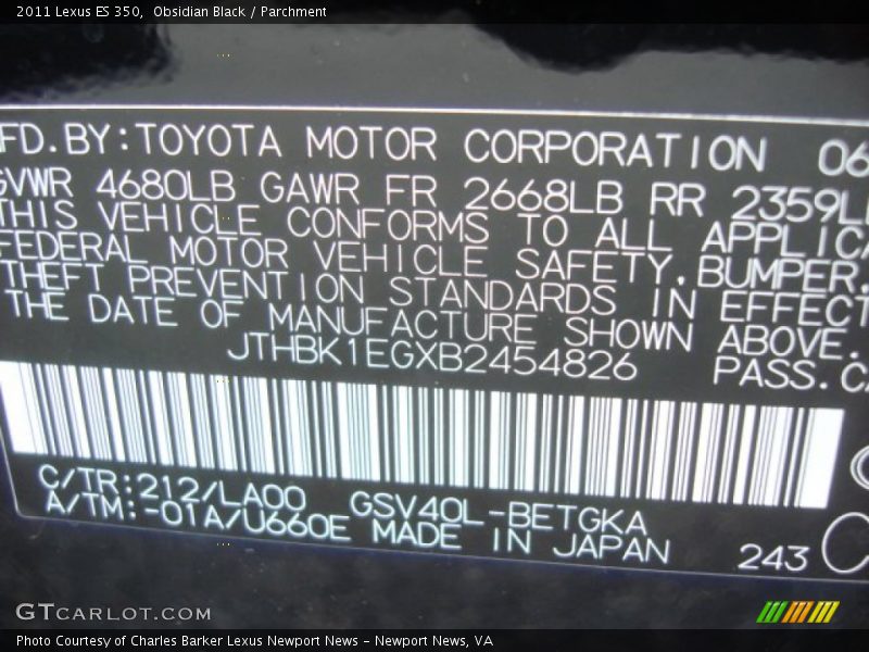 Obsidian Black / Parchment 2011 Lexus ES 350