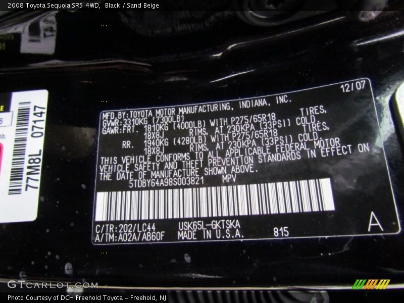 Black / Sand Beige 2008 Toyota Sequoia SR5 4WD