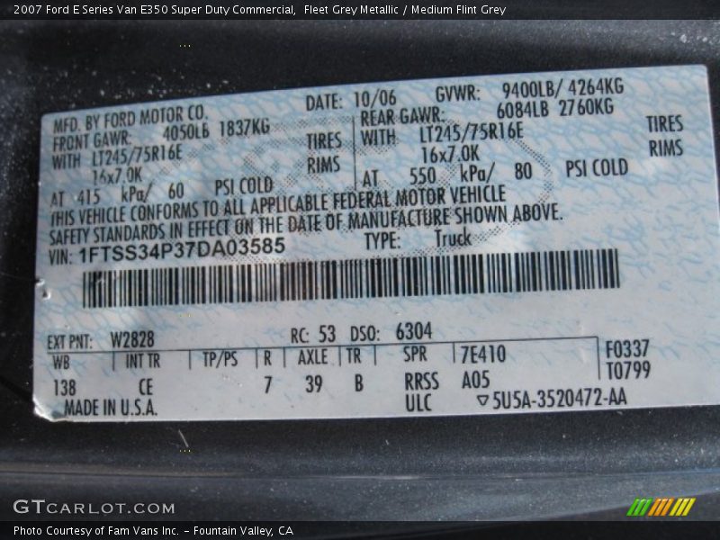2007 E Series Van E350 Super Duty Commercial Fleet Grey Metallic Color Code W2828