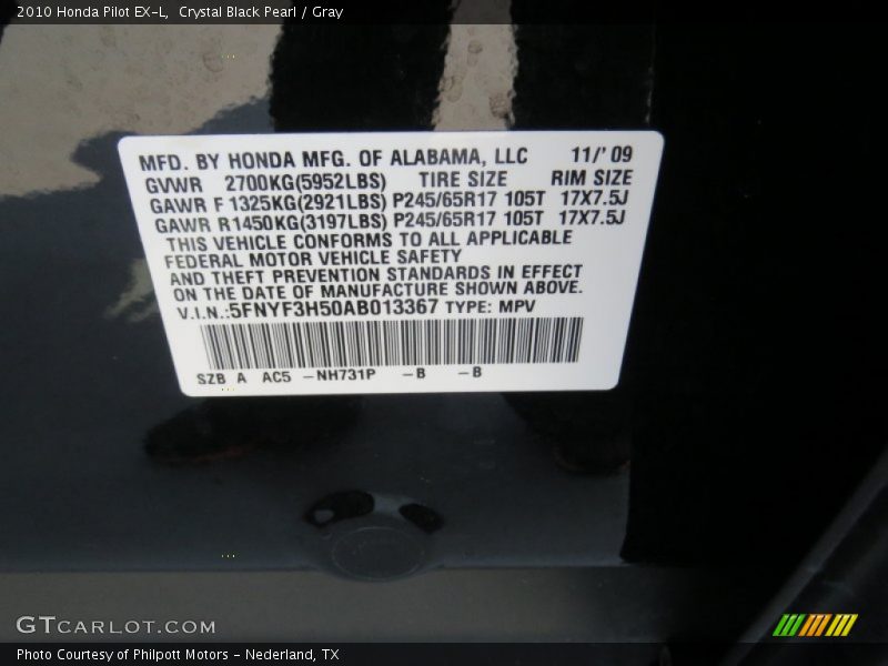 Crystal Black Pearl / Gray 2010 Honda Pilot EX-L