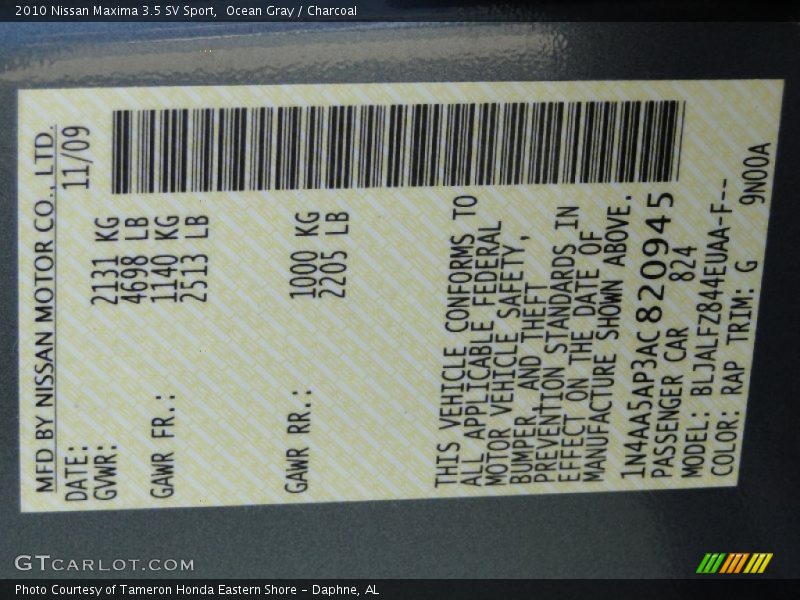 Ocean Gray / Charcoal 2010 Nissan Maxima 3.5 SV Sport