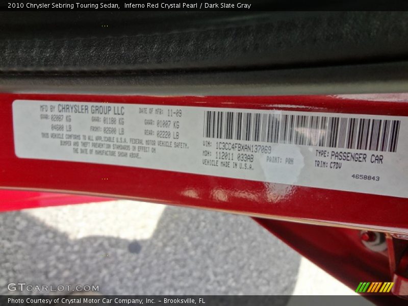 Inferno Red Crystal Pearl / Dark Slate Gray 2010 Chrysler Sebring Touring Sedan