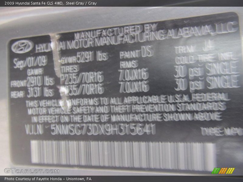 Steel Gray / Gray 2009 Hyundai Santa Fe GLS 4WD