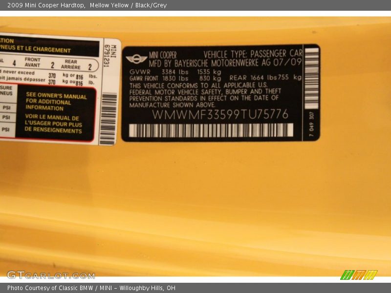 Info Tag of 2009 Cooper Hardtop