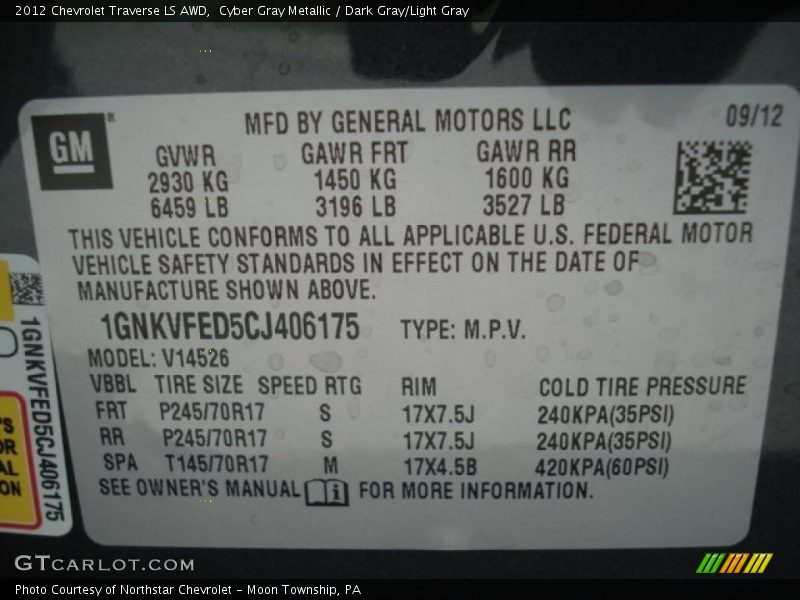 Cyber Gray Metallic / Dark Gray/Light Gray 2012 Chevrolet Traverse LS AWD