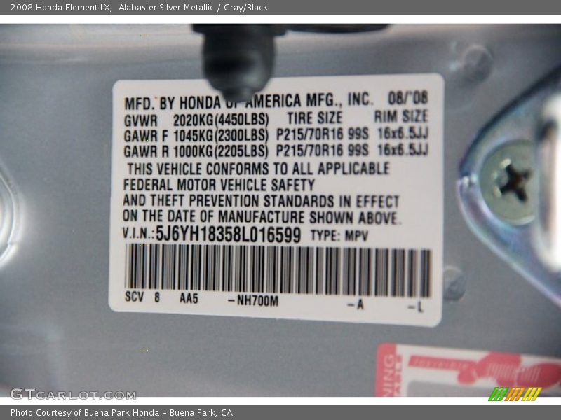 Alabaster Silver Metallic / Gray/Black 2008 Honda Element LX