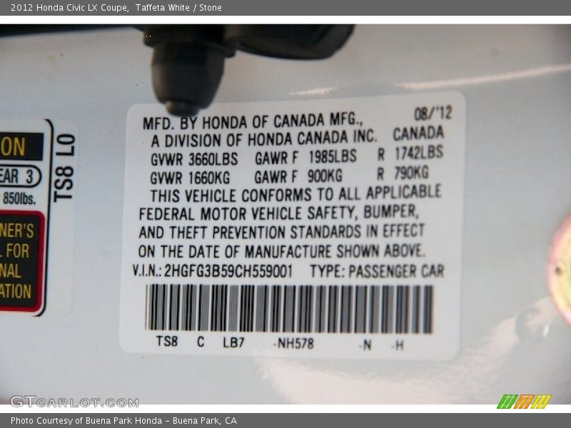 Taffeta White / Stone 2012 Honda Civic LX Coupe