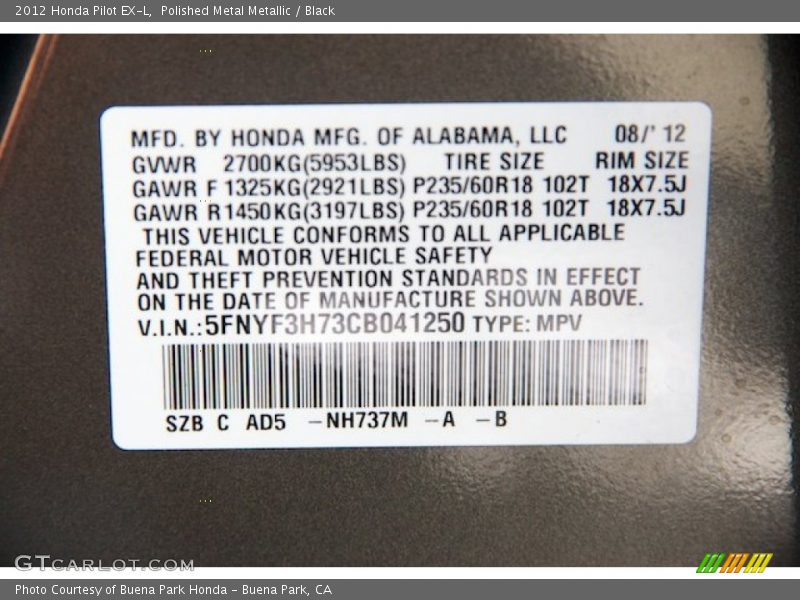 Polished Metal Metallic / Black 2012 Honda Pilot EX-L