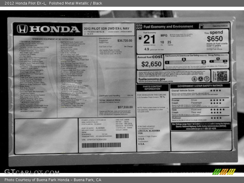 Polished Metal Metallic / Black 2012 Honda Pilot EX-L