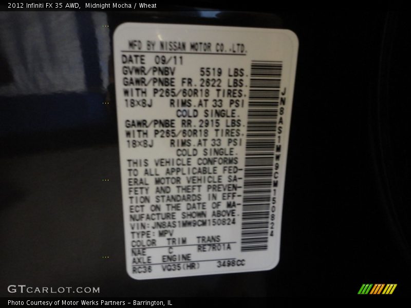 2012 FX 35 AWD Midnight Mocha Color Code NAE
