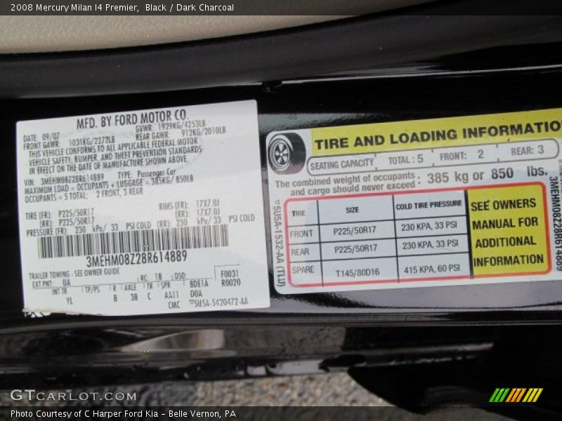 Black / Dark Charcoal 2008 Mercury Milan I4 Premier