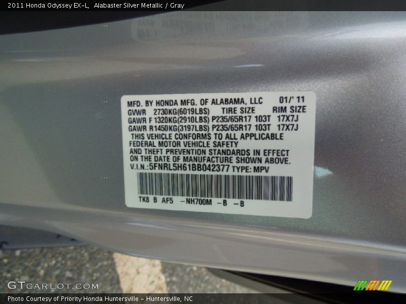 Alabaster Silver Metallic / Gray 2011 Honda Odyssey EX-L