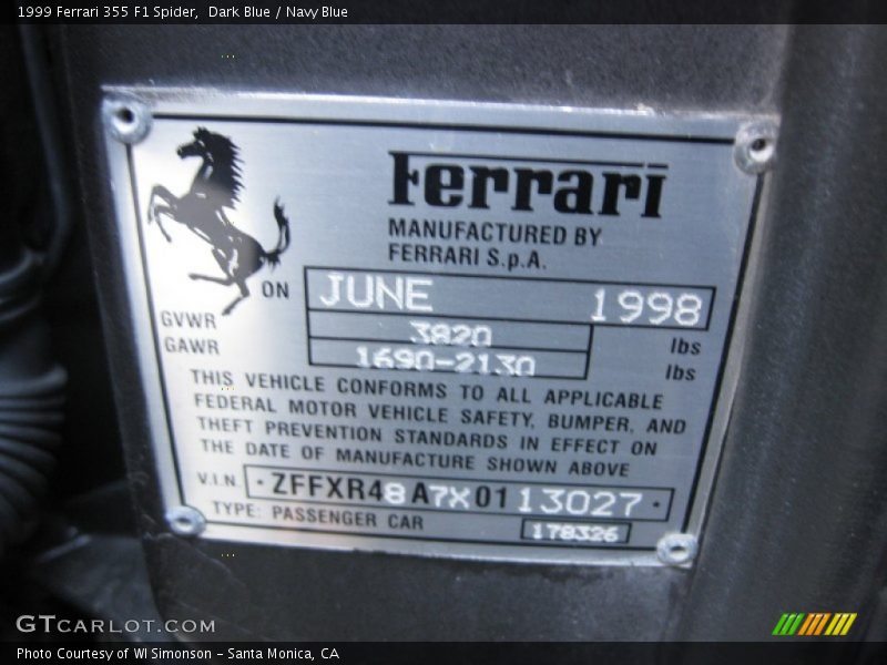 Info Tag of 1999 355 F1 Spider