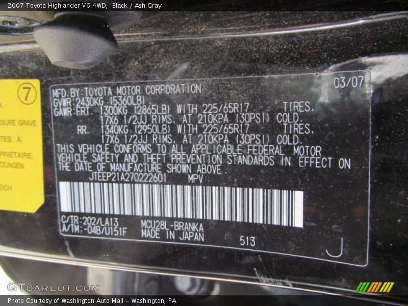 Black / Ash Gray 2007 Toyota Highlander V6 4WD