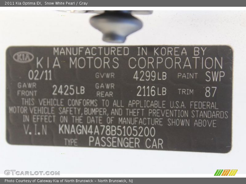 Snow White Pearl / Gray 2011 Kia Optima EX