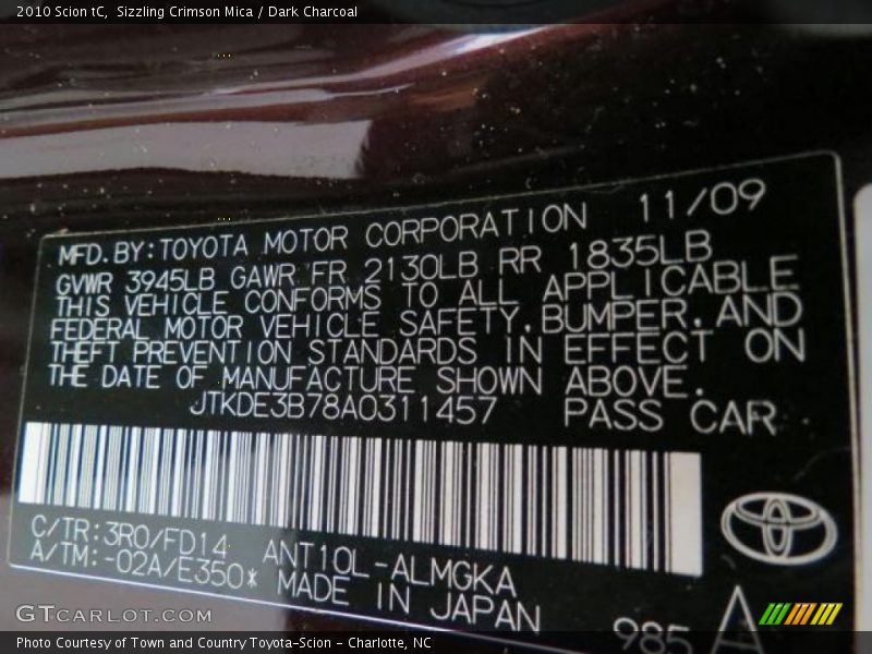 Sizzling Crimson Mica / Dark Charcoal 2010 Scion tC