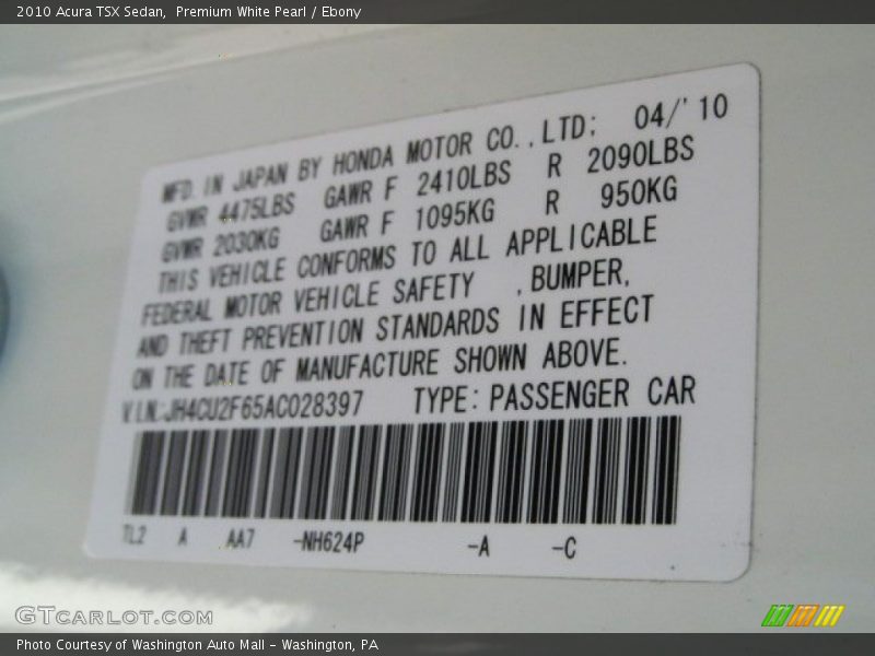 Premium White Pearl / Ebony 2010 Acura TSX Sedan