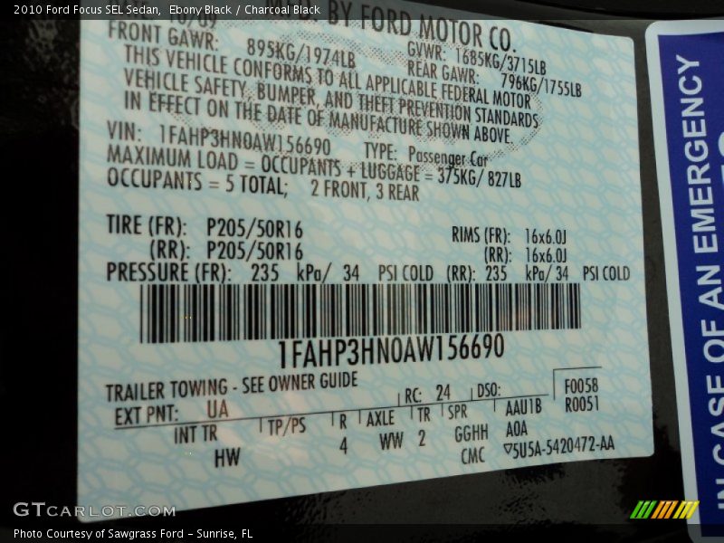 Ebony Black / Charcoal Black 2010 Ford Focus SEL Sedan