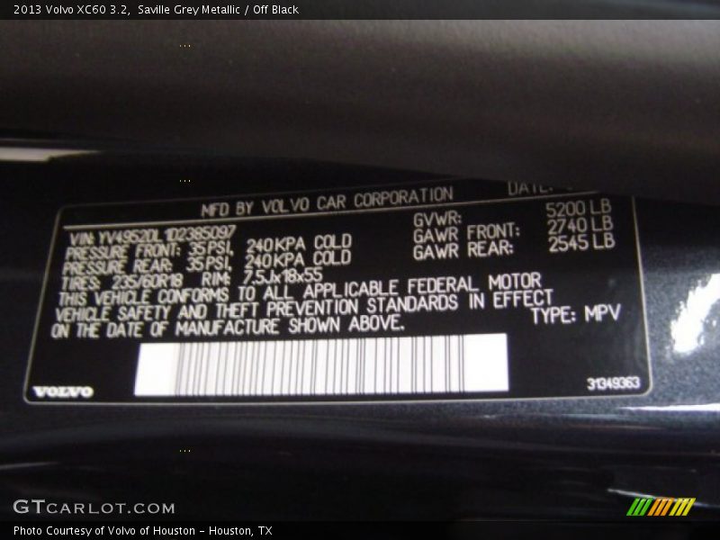 Saville Grey Metallic / Off Black 2013 Volvo XC60 3.2