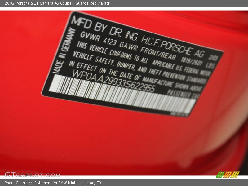 Info Tag of 2003 911 Carrera 4S Coupe