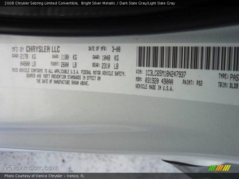Bright Silver Metallic / Dark Slate Gray/Light Slate Gray 2008 Chrysler Sebring Limited Convertible