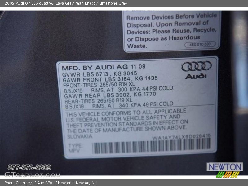 Lava Grey Pearl Effect / Limestone Grey 2009 Audi Q7 3.6 quattro