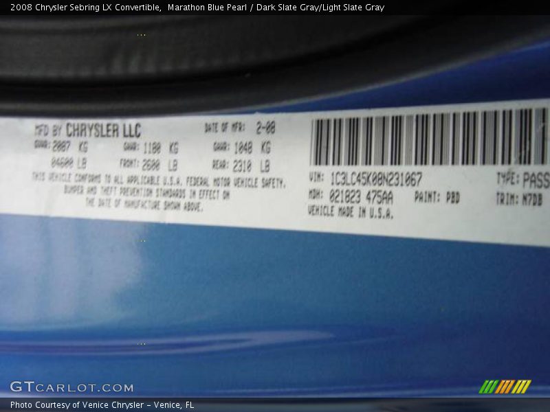 Marathon Blue Pearl / Dark Slate Gray/Light Slate Gray 2008 Chrysler Sebring LX Convertible