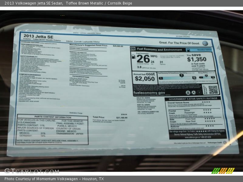 Toffee Brown Metallic / Cornsilk Beige 2013 Volkswagen Jetta SE Sedan